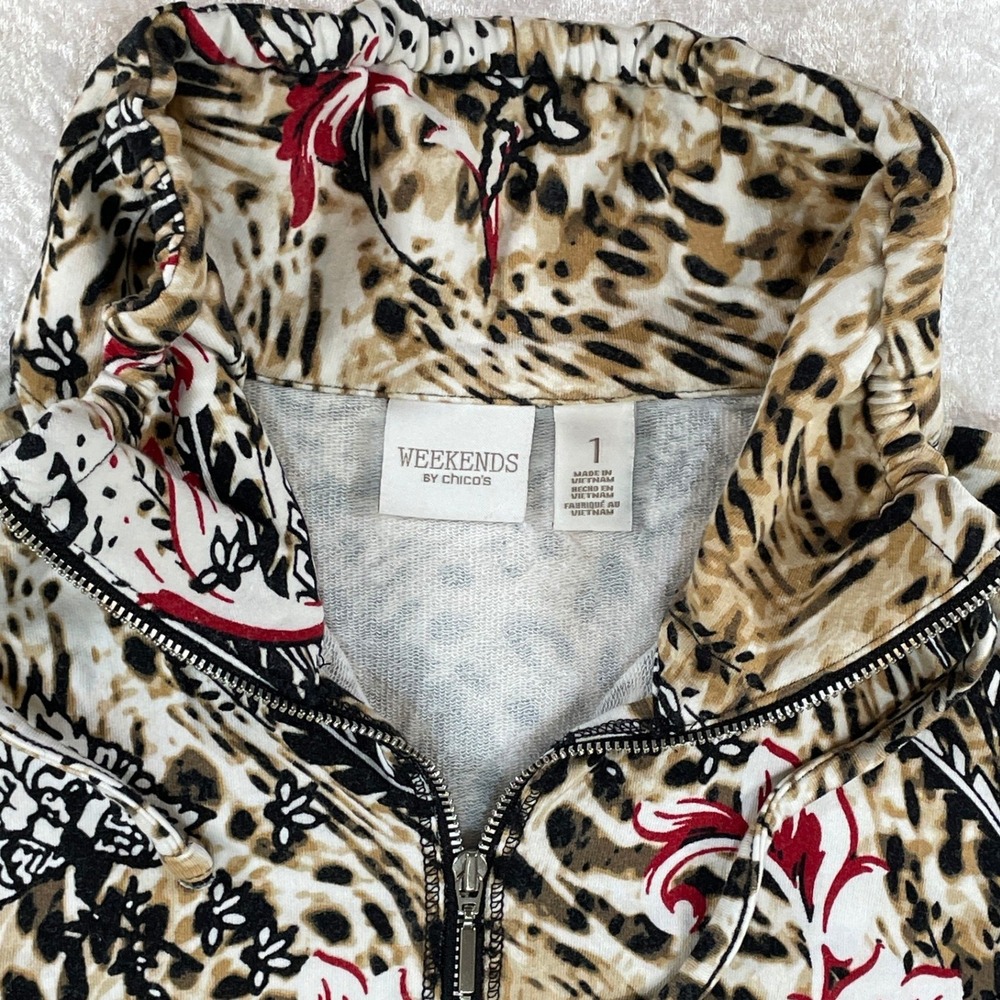 Weekends by Chico's Full Zip Jacket Women Size 1 Leopard Paisley Tan Red EUC